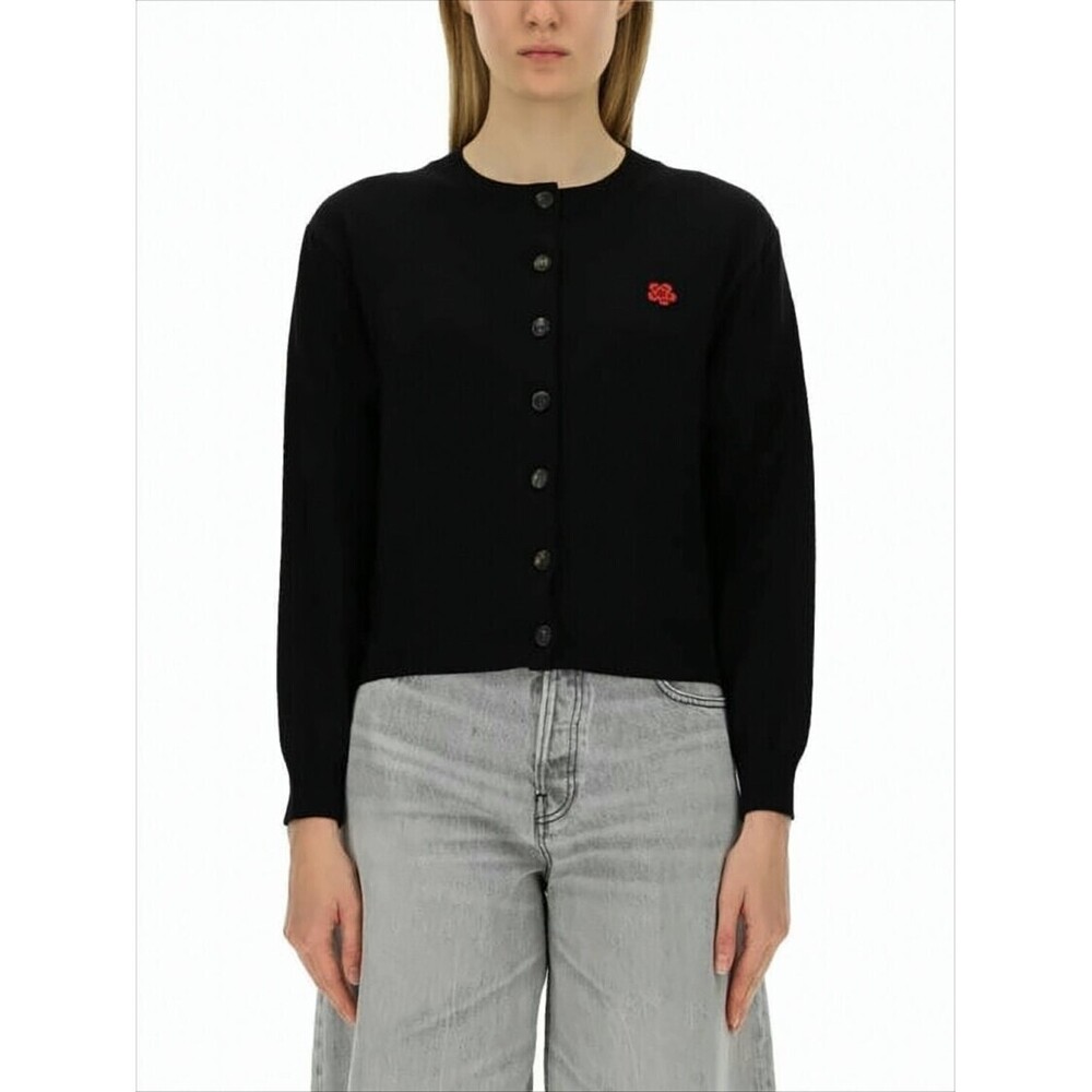 KENZO Classic Black Wool Cardigan With Round Neckline And Button Front